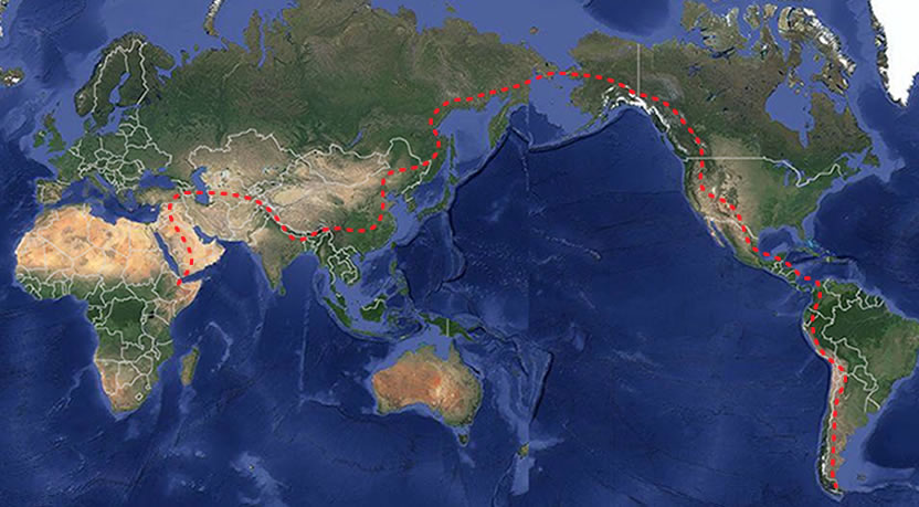 Map of the world, showing Paul's path from Ethiopia to South America.